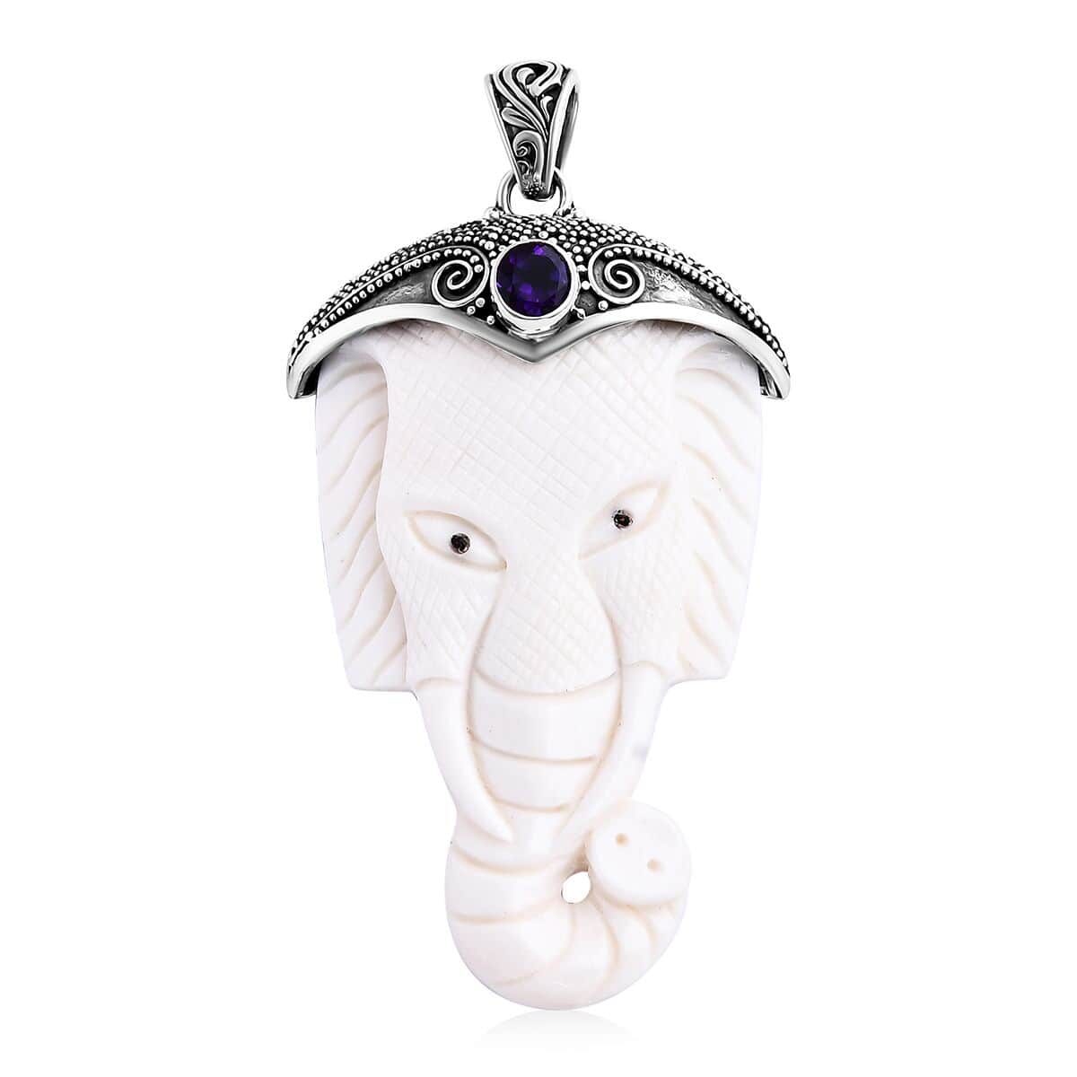 Bali Goddess Carved Bone and African Amethyst 0.75 ctw Elephant Pendant in Sterling Silver image number 0