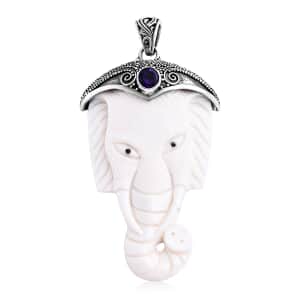 Bali Goddess Carved Bone and African Amethyst 0.75 ctw Elephant Pendant in Sterling Silver