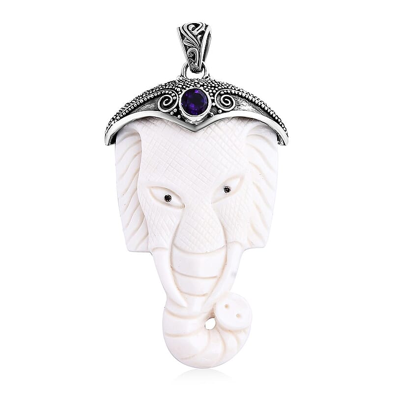 Bali Goddess Carved Bone and African Amethyst 0.75 ctw Elephant Pendant without Chain in Sterling Silver