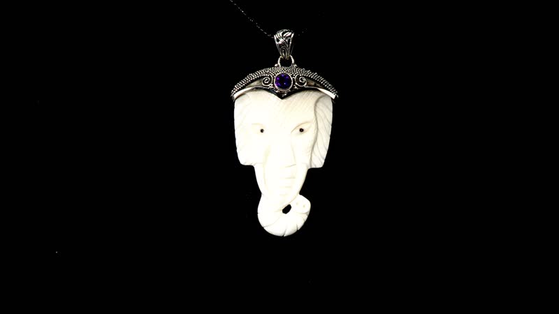 Bali Goddess Carved Bone and African Amethyst 0.75 ctw Elephant Pendant without Chain in Sterling Silver
