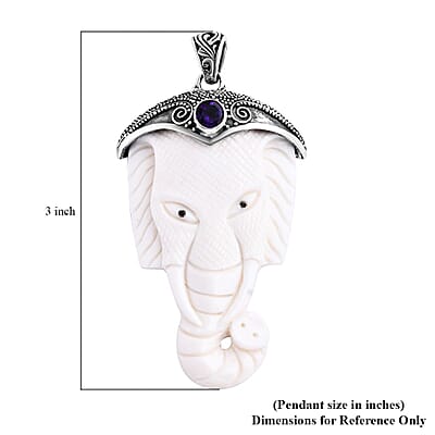 Bali Goddess Carved Bone and African Amethyst 0.75 ctw Elephant Pendant without Chain in Sterling Silver