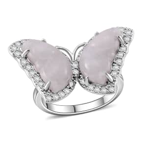 Natural Jade and White Zircon 8.25 ctw Butterfly Ring in Rhodium Over Sterling Silver (Size 10.0)