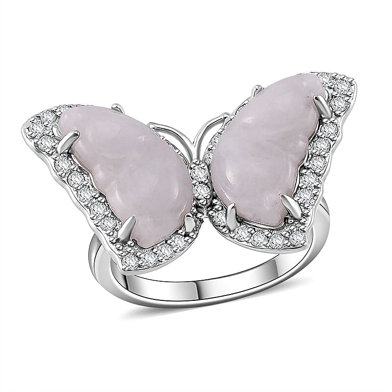 Natural Jade and White Zircon 8.25 ctw Butterfly Ring in Rhodium Over Sterling Silver (Size 10.0)