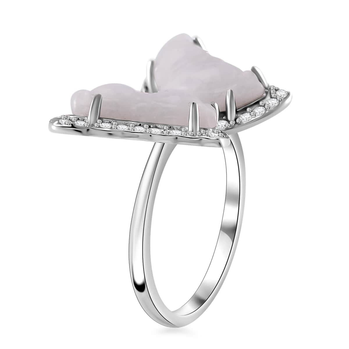 Natural Jade, White Zircon Butterfly Ring in Rhodium Over Sterling Silver (Size 10.0) 8.25 ctw image number 3