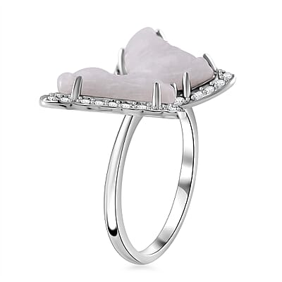 Natural Jade and White Zircon 8.25 ctw Butterfly Ring in Rhodium Over Sterling Silver (Size 10.0)