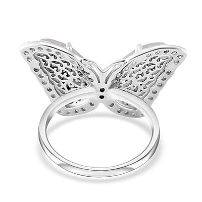 Natural Jade and White Zircon 8.25 ctw Butterfly Ring in Rhodium Over Sterling Silver (Size 10.0)