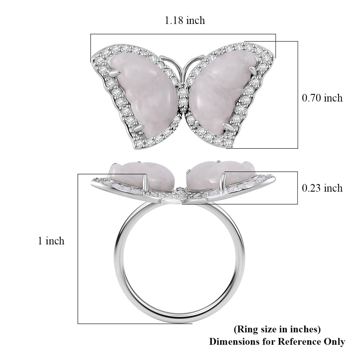 Natural Jade, White Zircon Butterfly Ring in Rhodium Over Sterling Silver (Size 10.0) 8.25 ctw image number 5