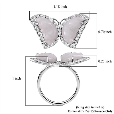 Natural Jade and White Zircon 8.25 ctw Butterfly Ring in Rhodium Over Sterling Silver (Size 10.0)
