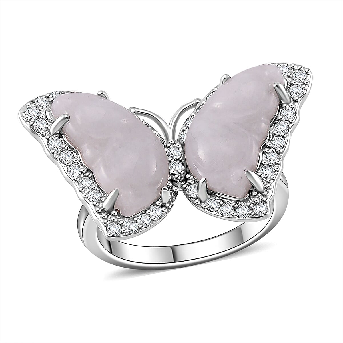 Natural Jade and White Zircon 8.25 ctw Butterfly Ring in Rhodium Over Sterling Silver (Size 6.0) image number 0