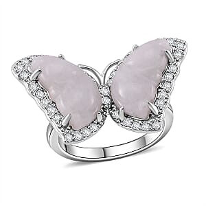 Natural Jade and White Zircon 8.25 ctw Butterfly Ring in Rhodium Over Sterling Silver (Size 6.0)