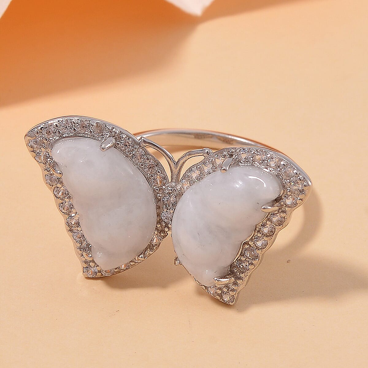 Natural Jade and White Zircon 8.25 ctw Butterfly Ring in Rhodium Over Sterling Silver (Size 6.0) image number 1