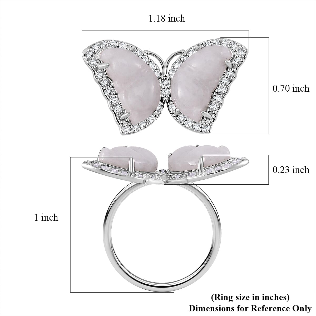 Natural Jade and White Zircon 8.25 ctw Butterfly Ring in Rhodium Over Sterling Silver (Size 6.0) image number 5