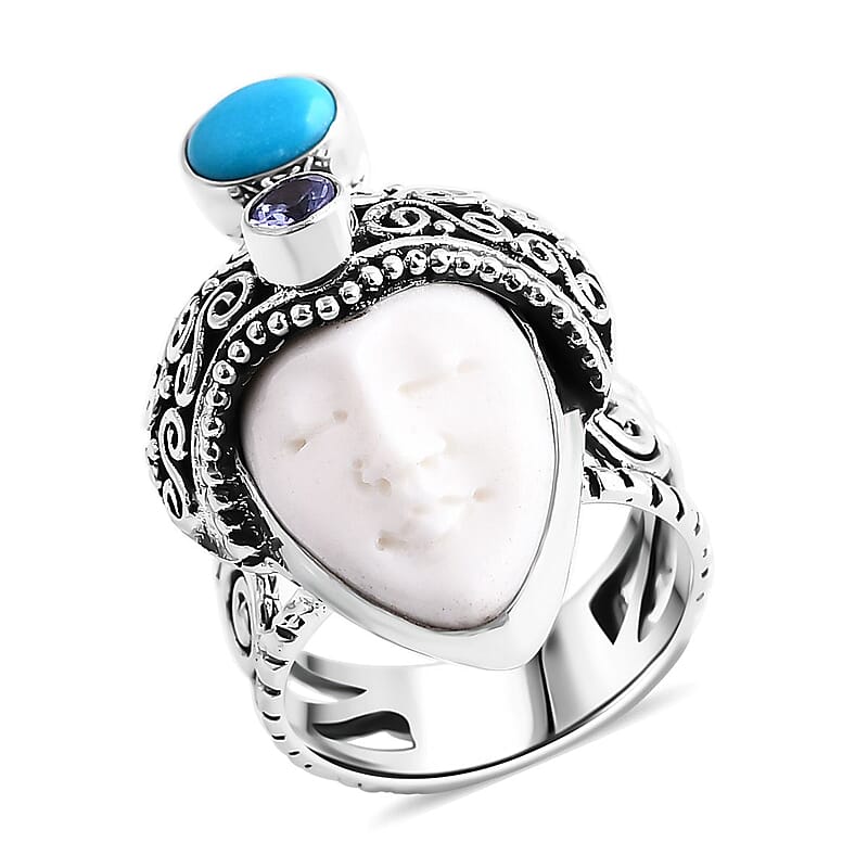 Bali Goddess Carved Bone and Multi Gemstone 1.00 ctw Ring in Sterling Silver (Size 10.0)