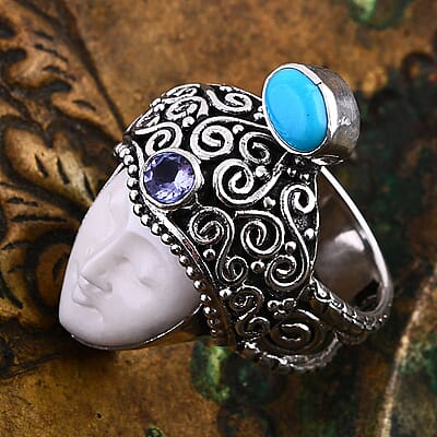 Bali Goddess Carved Bone and Multi Gemstone 1.00 ctw Ring in Sterling Silver (Size 10.0)