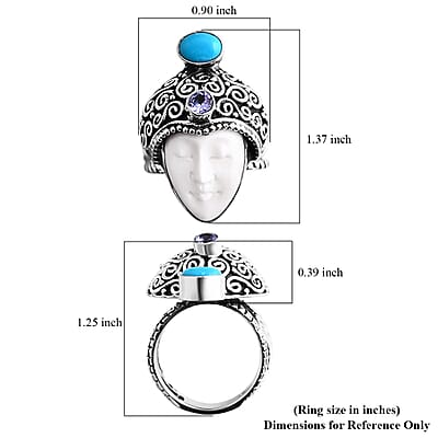 Bali Goddess Carved Bone and Multi Gemstone 1.00 ctw Ring in Sterling Silver (Size 10.0)