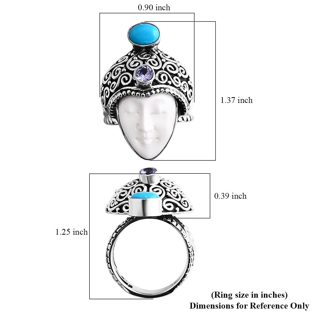 Bali Goddess Carved Bone and Multi Gemstone 1.00 ctw Ring in Sterling Silver (Size 7.0) image number 2