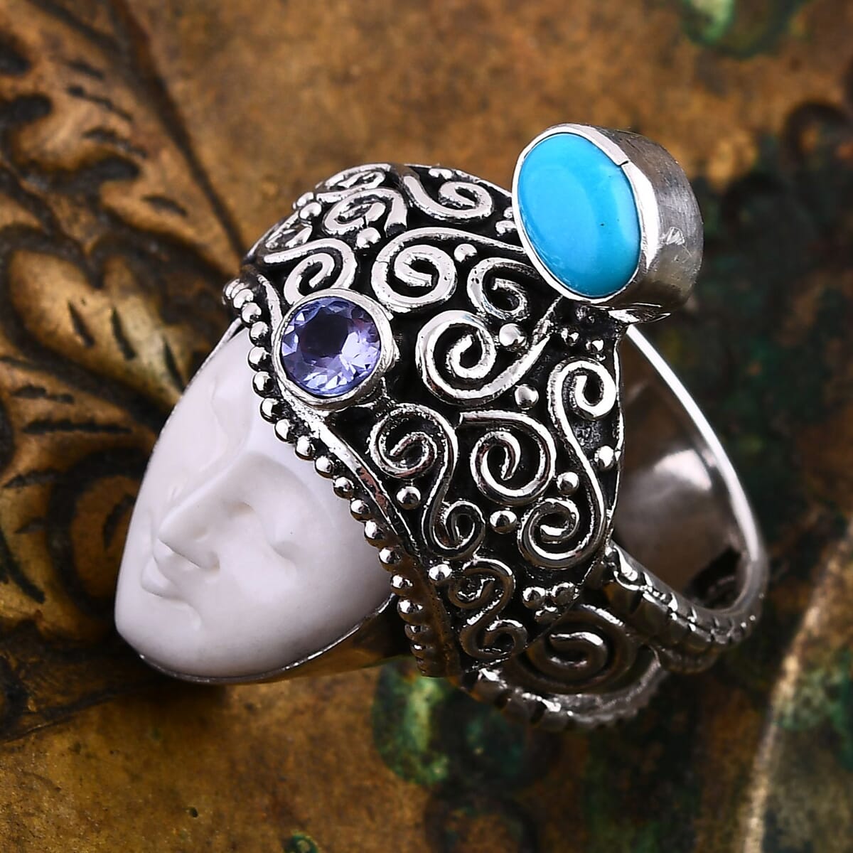 Bali Goddess Carved Bone and Multi Gemstone 1.00 ctw Ring in Sterling Silver (Size 8.0) image number 1