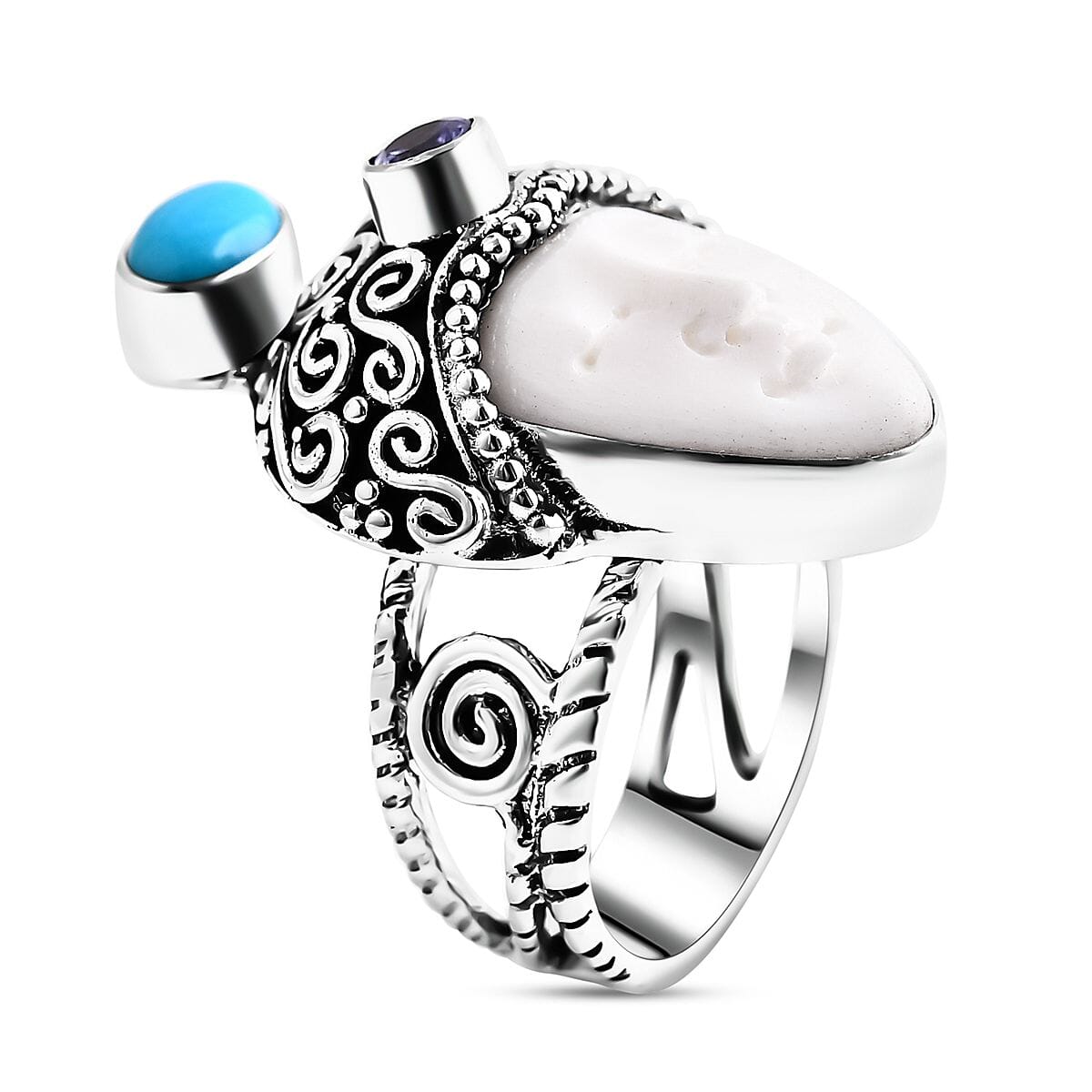 Bali Goddess Carved Bone and Multi Gemstone 1.00 ctw Ring in Sterling Silver (Size 8.0) image number 3