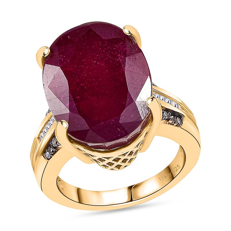 TLV Niassa Ruby (FF), Natural Champagne and White Diamond (0.30 cts) River Bridge Ring in 18K Vermeil YG Over Sterling Silver (Size 7.0) 20.85 ctw