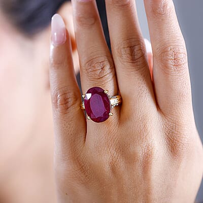 TLV Niassa Ruby (FF), Natural Champagne and White Diamond (0.30 cts) River Bridge Ring in 18K Vermeil YG Over Sterling Silver (Size 7.0) 20.85 ctw