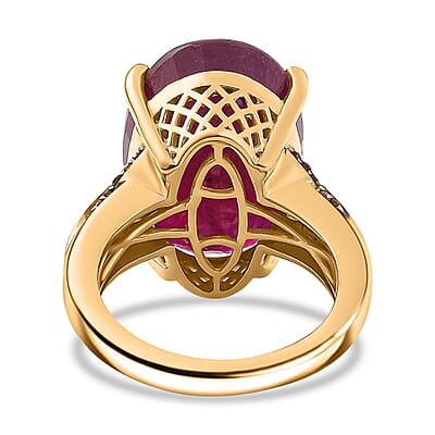 TLV Niassa Ruby (FF), Natural Champagne and White Diamond (0.30 cts) River Bridge Ring in 18K Vermeil YG Over Sterling Silver (Size 7.0) 20.85 ctw