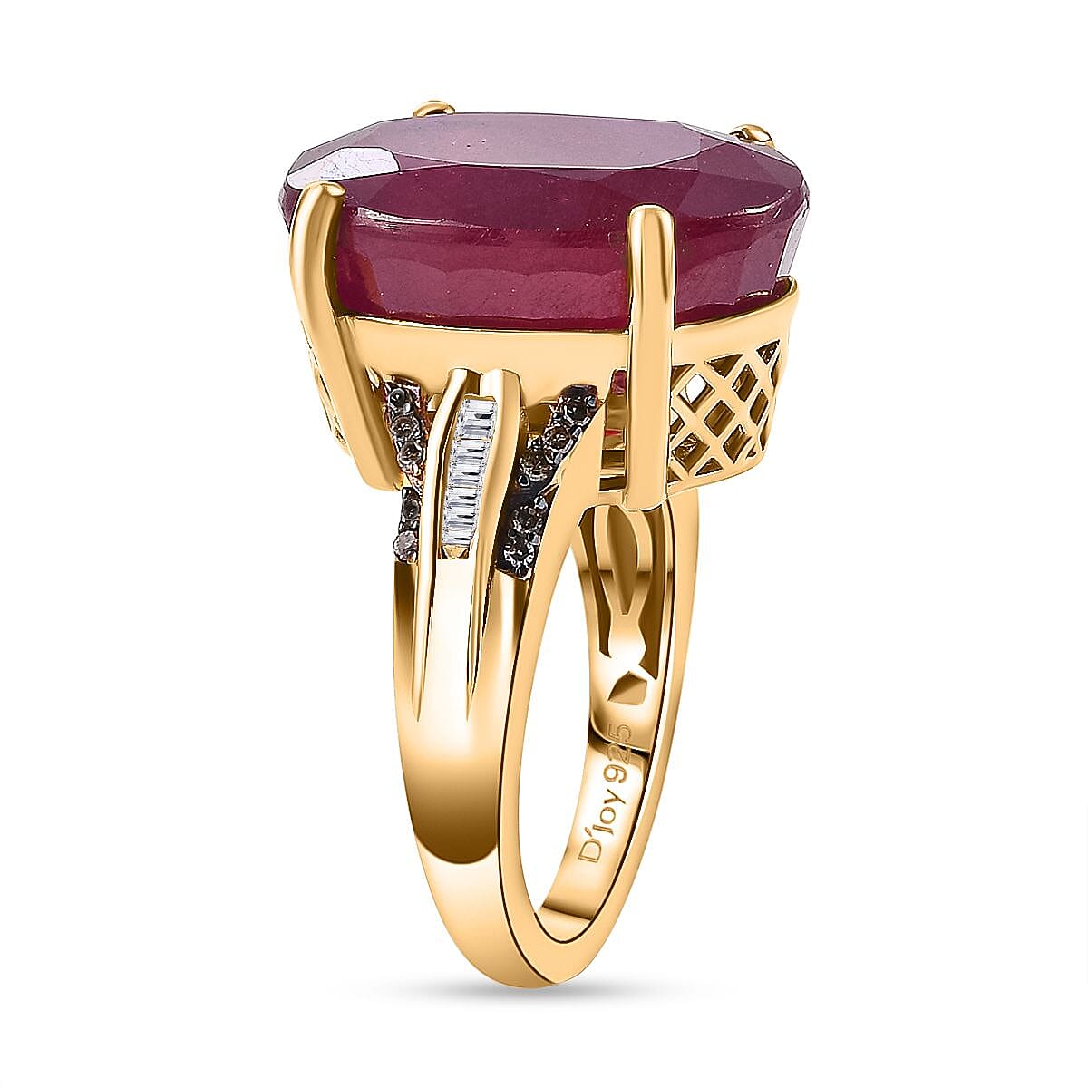 D'Joy Niassa Ruby (FF), Natural Champagne and White Diamond 20.85 ctw River Bridge Ring in 18K Vermeil Yellow Gold Over Sterling Silver (Size 9.0) image number 3
