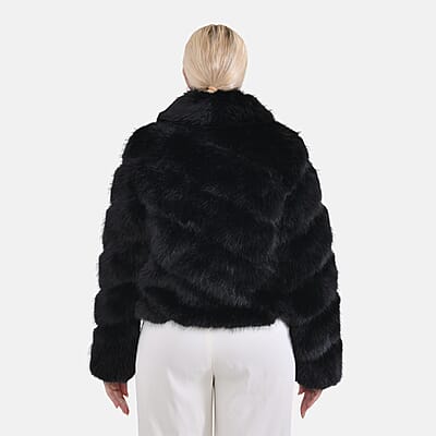 Tamsy Black Luxe Embossed Faux Fur Crop Jacket - (One Size S-L)