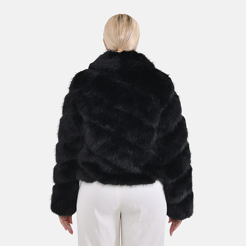 Tamsy Black Luxe Embossed Faux Fur Crop Jacket - (One Size S-L)