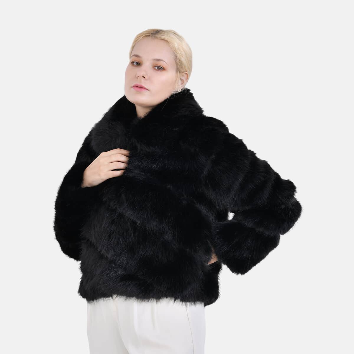 Tamsy Black Luxe Embossed Faux Fur Crop Jacket - (One Size S-L) image number 2