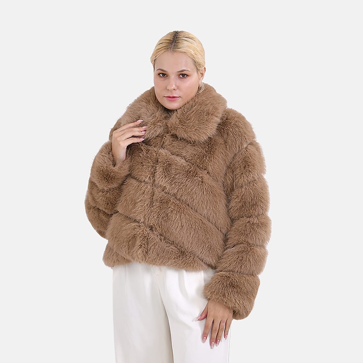 Tamsy Taupe Luxe Embossed Faux Fur Crop Jacket - (One Size S-L) image number 0