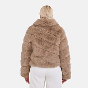 Tamsy Taupe Luxe Embossed Faux Fur Crop Jacket - (One Size S-L)