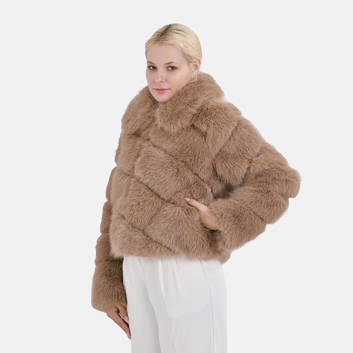 Tamsy Taupe Luxe Embossed Faux Fur Crop Jacket - (One Size S-L) image number 2