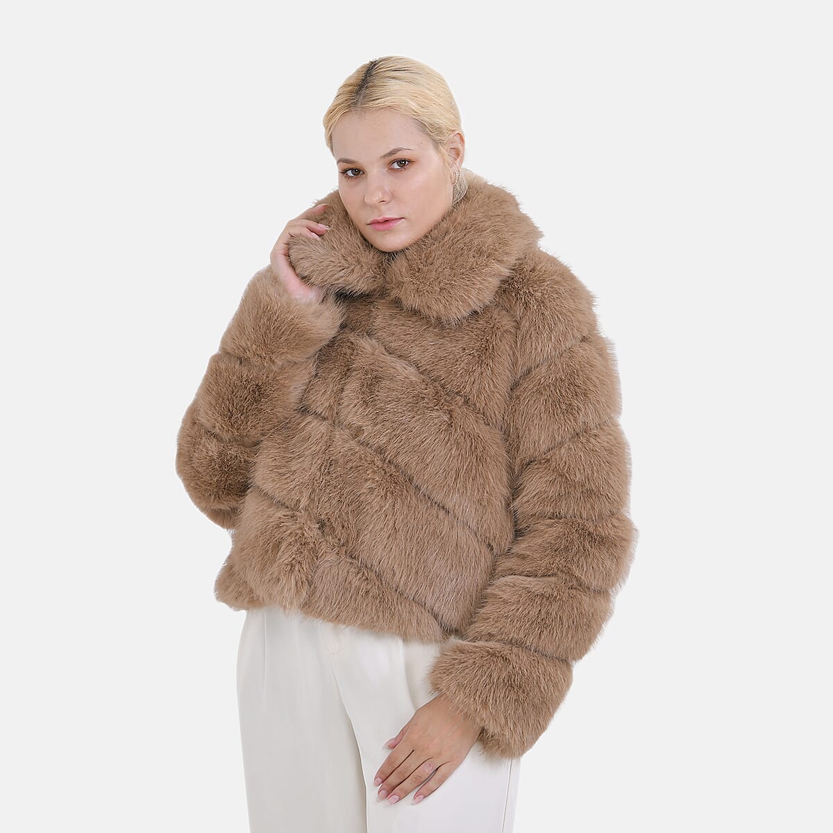 Tamsy Taupe Luxe Embossed Faux Fur Crop Jacket - (One Size S-L) image number 3
