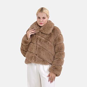 Tamsy Taupe Luxe Embossed Faux Fur Crop Jacket - (One Size L-XL)