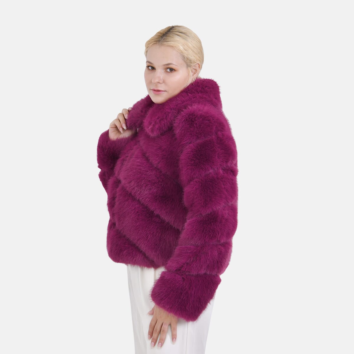 Tamsy Berry Luxe Embossed Faux Fur Crop Jacket - (One Size S-L) image number 2