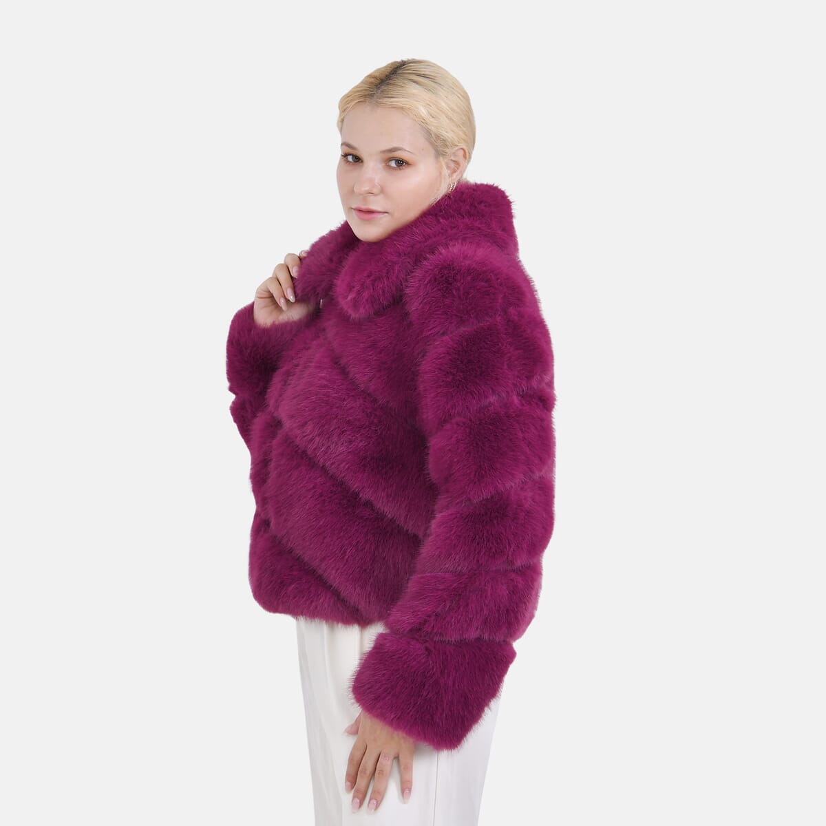 Tamsy Berry Luxe Embossed Faux Fur Crop Jacket - (One Size L-XL) image number 2