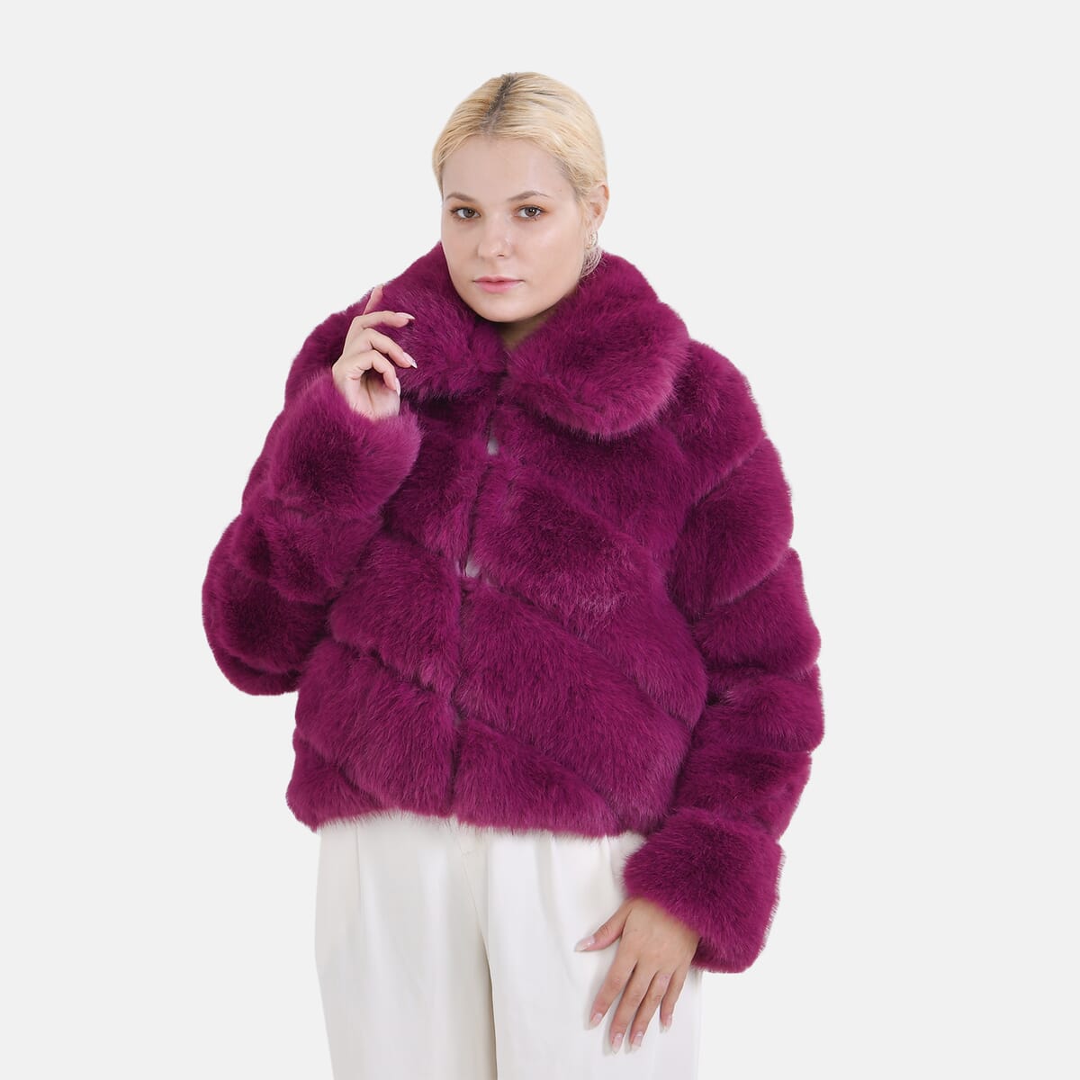 Tamsy Berry Luxe Embossed Faux Fur Crop Jacket - (One Size L-XL) image number 3