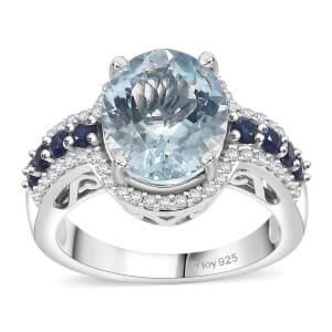 Premium Mangoro Aquamarine and Multi Gemstone 4.00 ctw Ocean Whisper Ring in Rhodium Over Sterling Silver (Size 6.0)