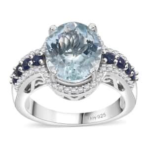 Doorbuster Mangoro Aquamarine and Multi Gemstone 4.00 ctw Ring in Rhodium Over Sterling Silver (Size 7.0)