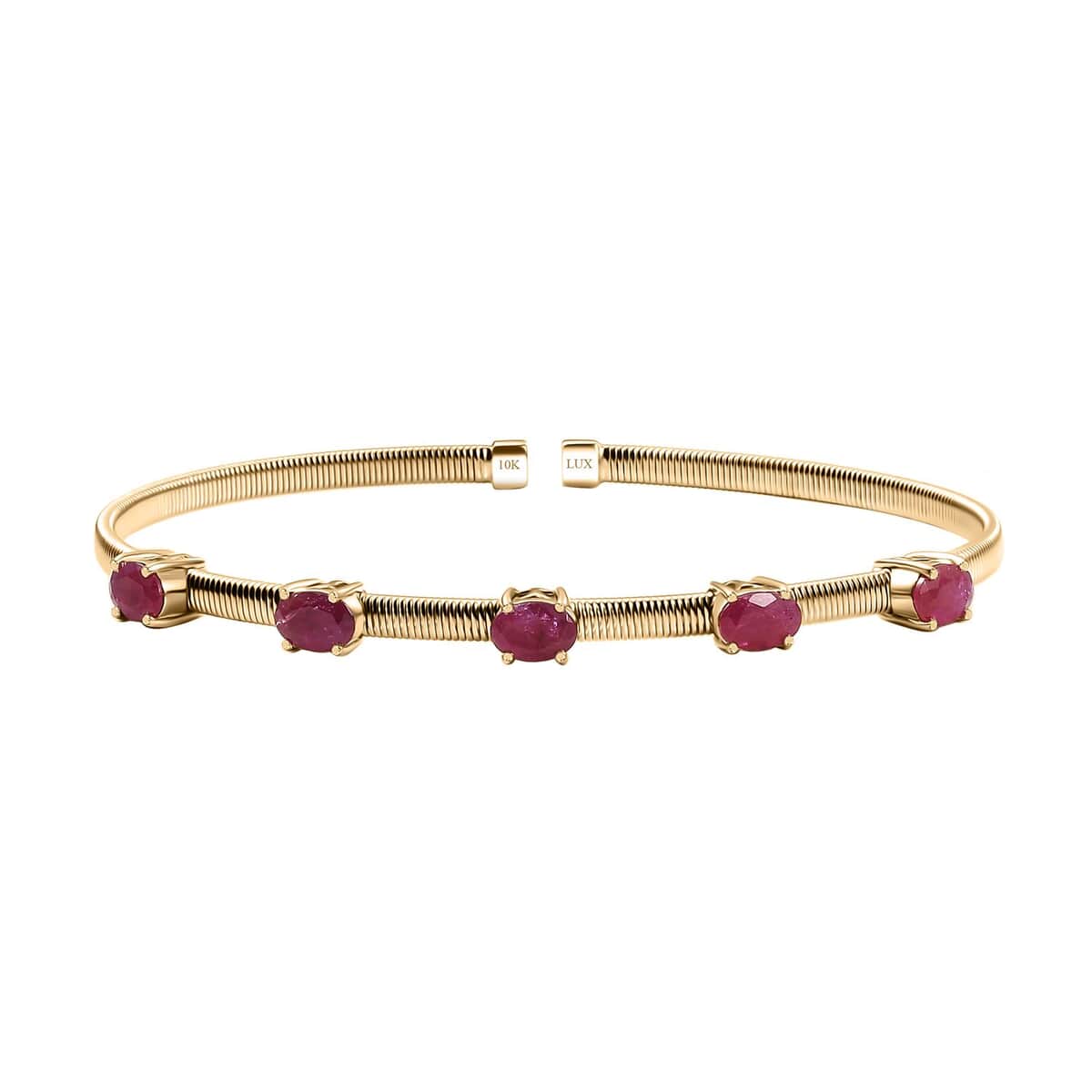 Doorbuster Luxoro 10K Yellow Gold AAA Montepuez Ruby Bangle Bracelet (7.25 In) (6.90 g) 3.00 ctw image number 0