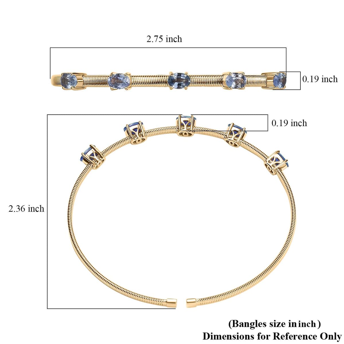 Luxoro AAA Ceylon Blue Sapphire 2.75 ctw Cuff Bracelet in 10K Yellow Gold (7.25 In) 7 Grams image number 5