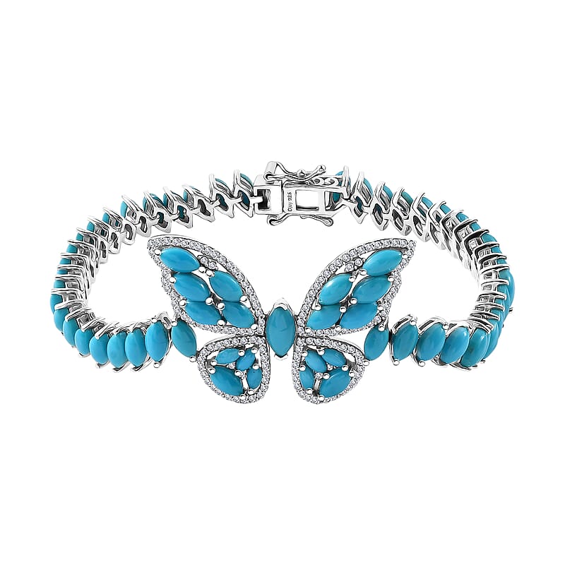 D'Joy Premium Sleeping Beauty Turquoise and Moissanite 17.00 ctw Butterfly Bracelet in Rhodium Over Sterling Silver (7.25 In)