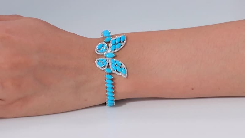Premium Sleeping Beauty Turquoise, Moissanite Butterfly Bracelet in Rhodium Over Sterling Silver (6.50 In) 15.90 ctw