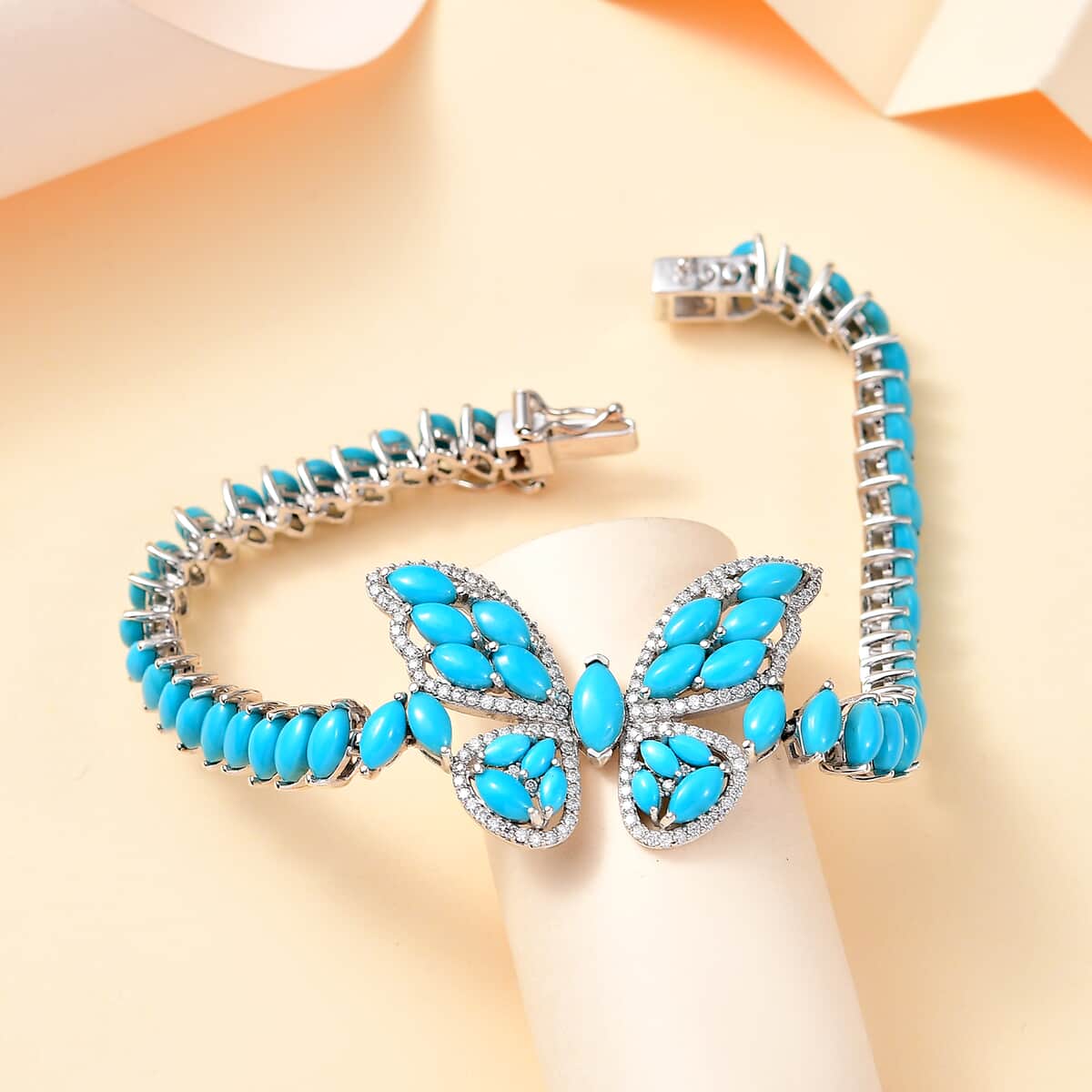 Premium Sleeping Beauty Turquoise and Moissanite 17.00 ctw Butterfly Bracelet in Rhodium Over Sterling Silver (7.25 In) image number 1