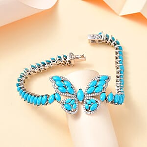 D'Joy Premium Sleeping Beauty Turquoise and Moissanite 17.00 ctw Butterfly Bracelet in Rhodium Over Sterling Silver (7.25 In)