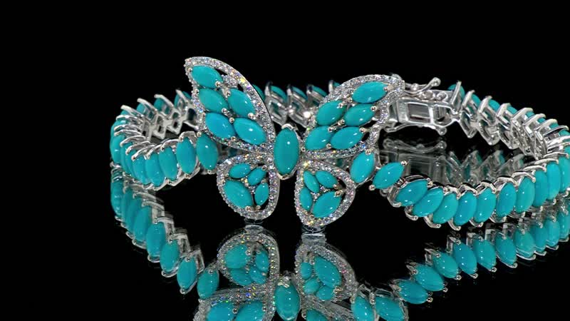 Premium Sleeping Beauty Turquoise, Moissanite Butterfly Bracelet in Rhodium Over Sterling Silver (6.50 In) 15.90 ctw