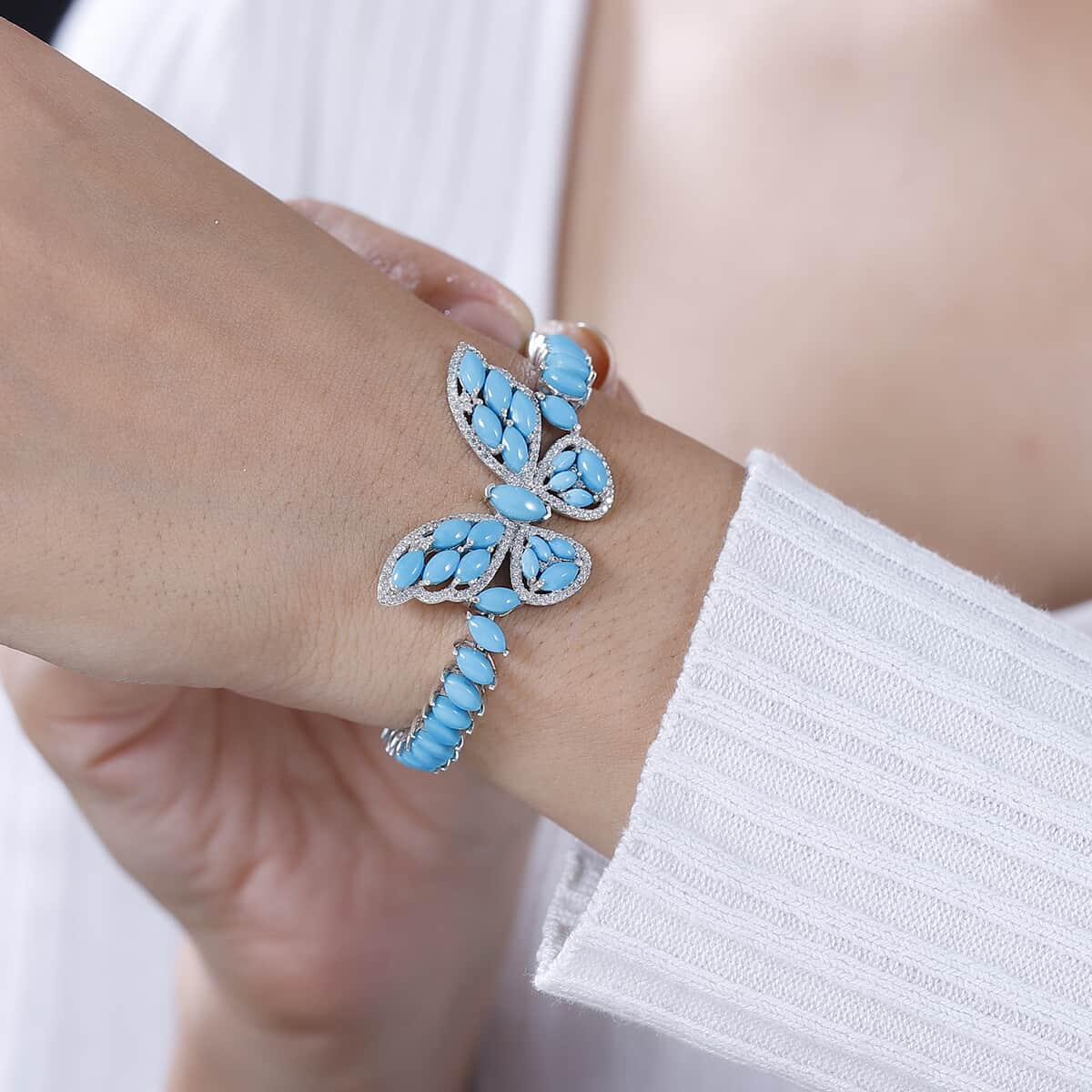 Premium Sleeping Beauty Turquoise and Moissanite 17.00 ctw Butterfly Bracelet in Rhodium Over Sterling Silver (7.25 In) image number 2