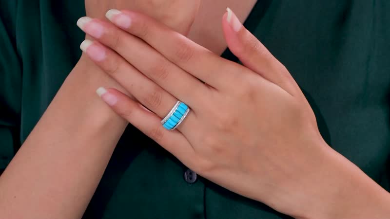 Premium Sleeping Beauty Turquoise and Moissanite 3.20 ctw Ring in Rhodium Over Sterling Silver