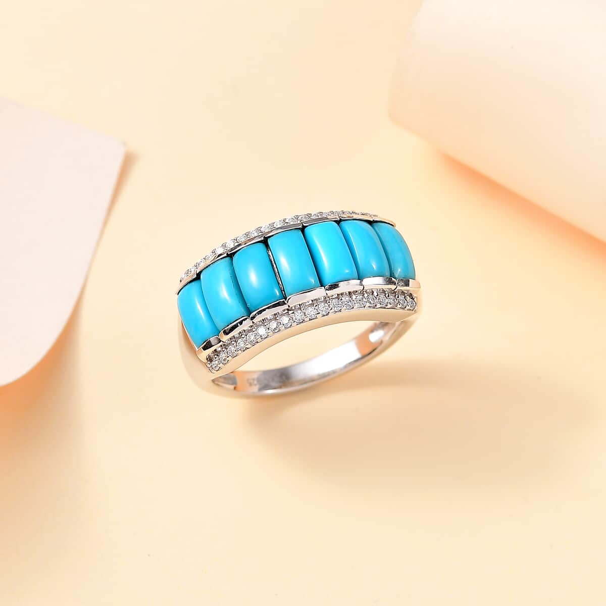 Premium Sleeping Beauty Turquoise and Moissanite 3.20 ctw Ring in Rhodium Over Sterling Silver image number 1