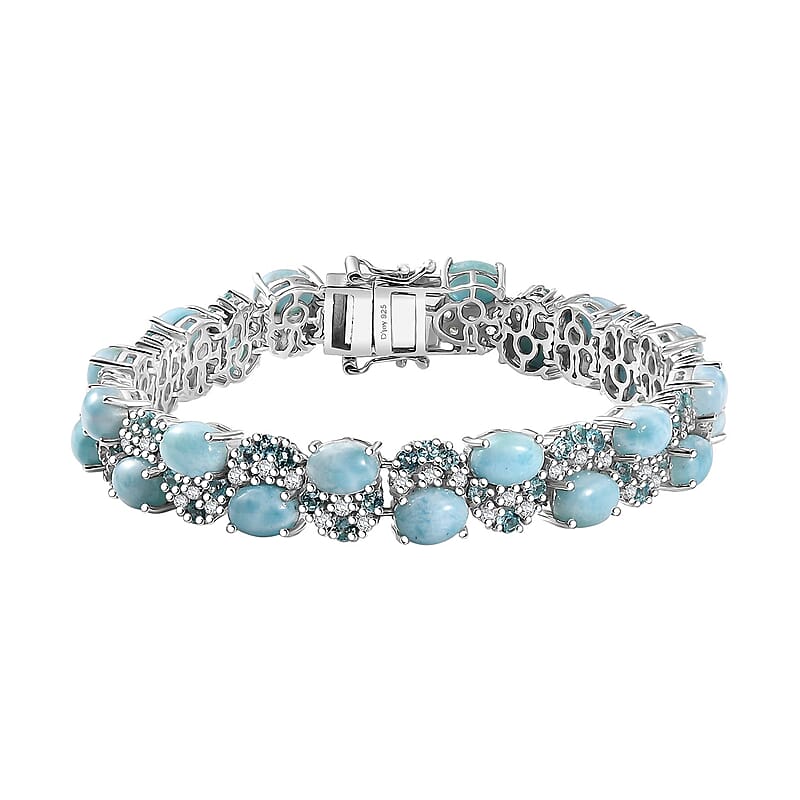 D'Joy Premium Larimar and Multi Gemstone 29.70 ctw Sea Wave Bracelet in Rhodium Over Sterling Silver (7.25 In)